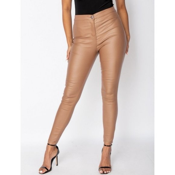 Pants - Camel Vegan Leather Faux Leather Coated High Waist Skinny Pants